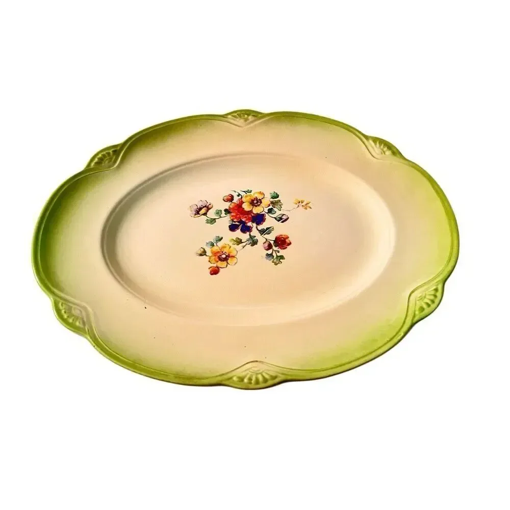Rare Vintage 1970s Homer Laughlin Floral Platter - Green Spray Rim Pansy Bouquet